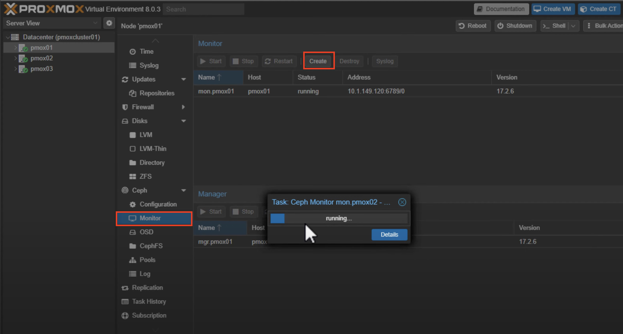 A screen showing how to set up Proxmox Ceph monitors